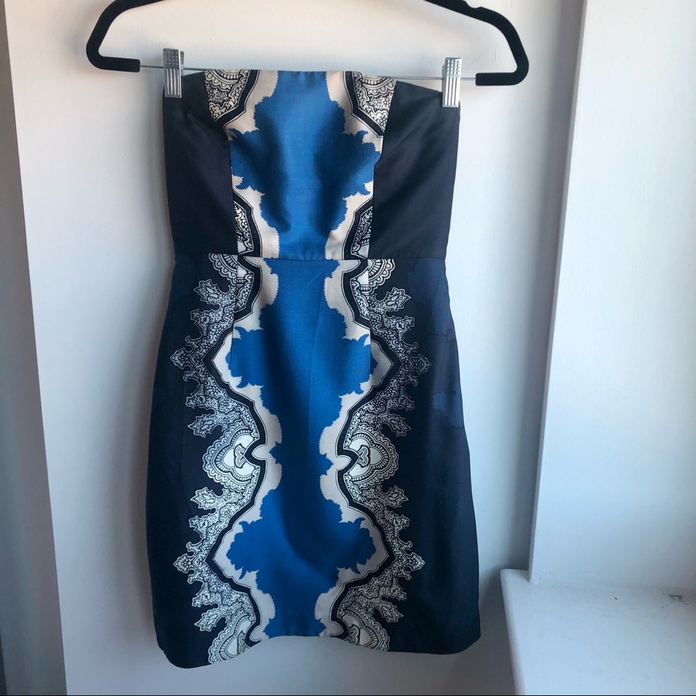Tibi Silk & Wool Abstract Print Strapless Dress